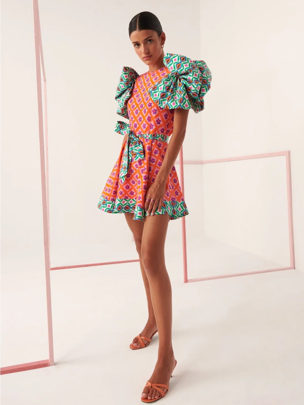 Nwt Celia B Pink Orange Patterned Puff-Sleeve Mini Dress
